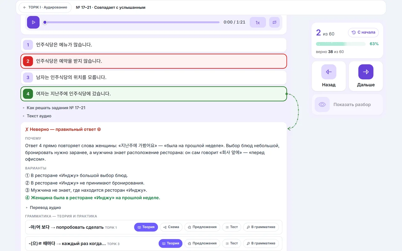 Задание TOPIK I на компьютере: после ответа — почему верно, перевод вариантов и грамматика задания